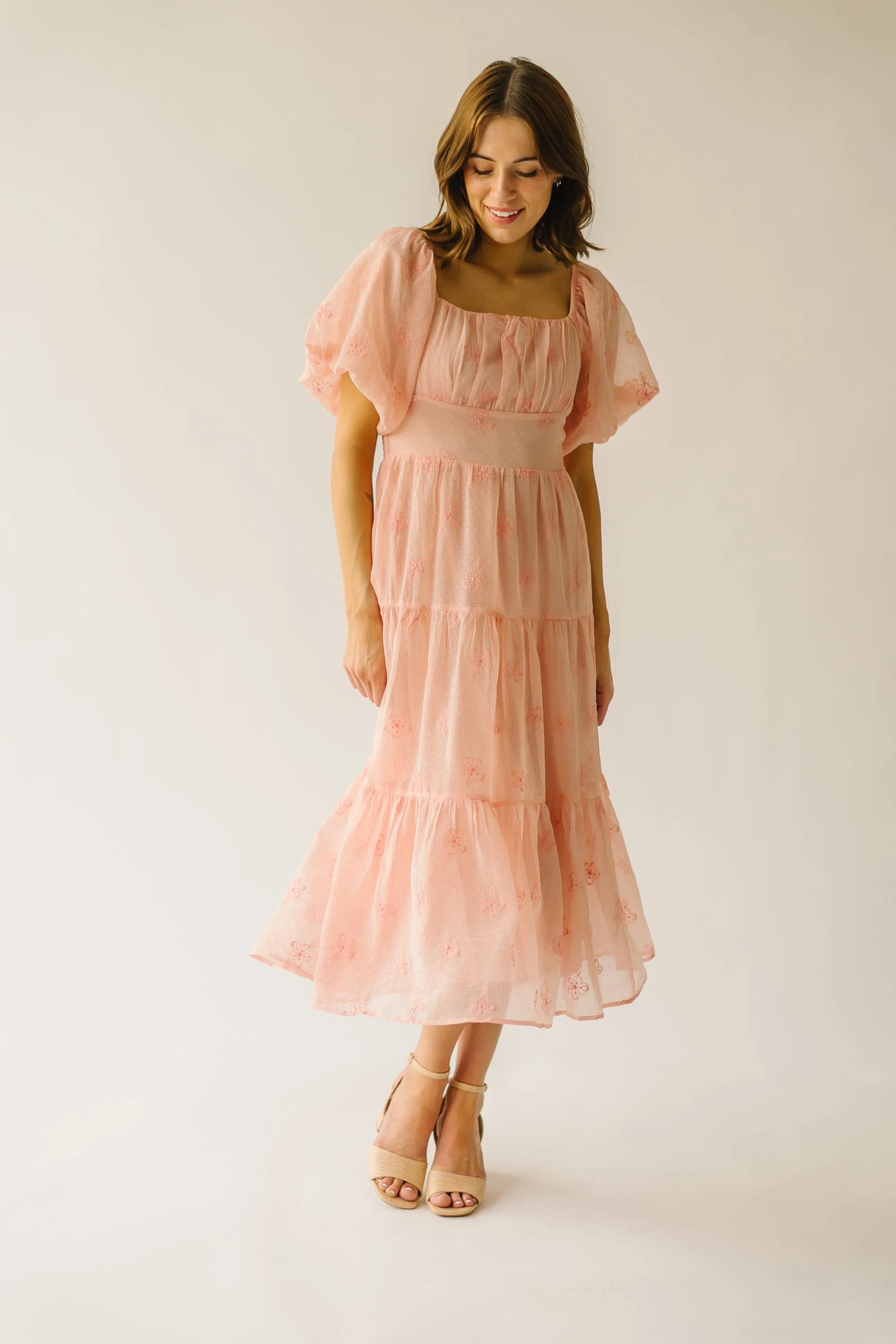 Apricot Ardel Midi Dress Embroidered with Puff Sleeves