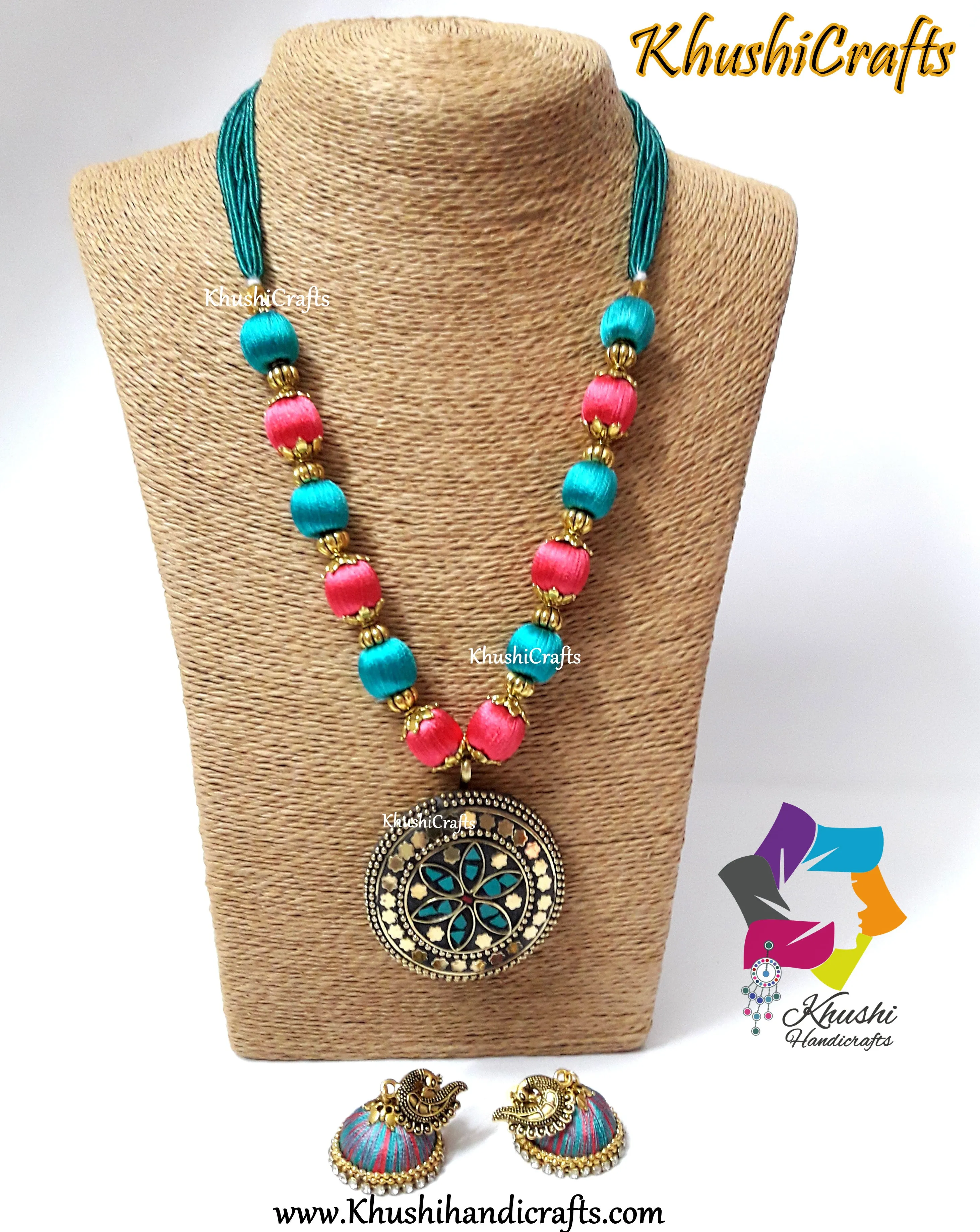 Peach & Teel Silk Thread Necklace Set with Tibetan Pendant & Jhumkas