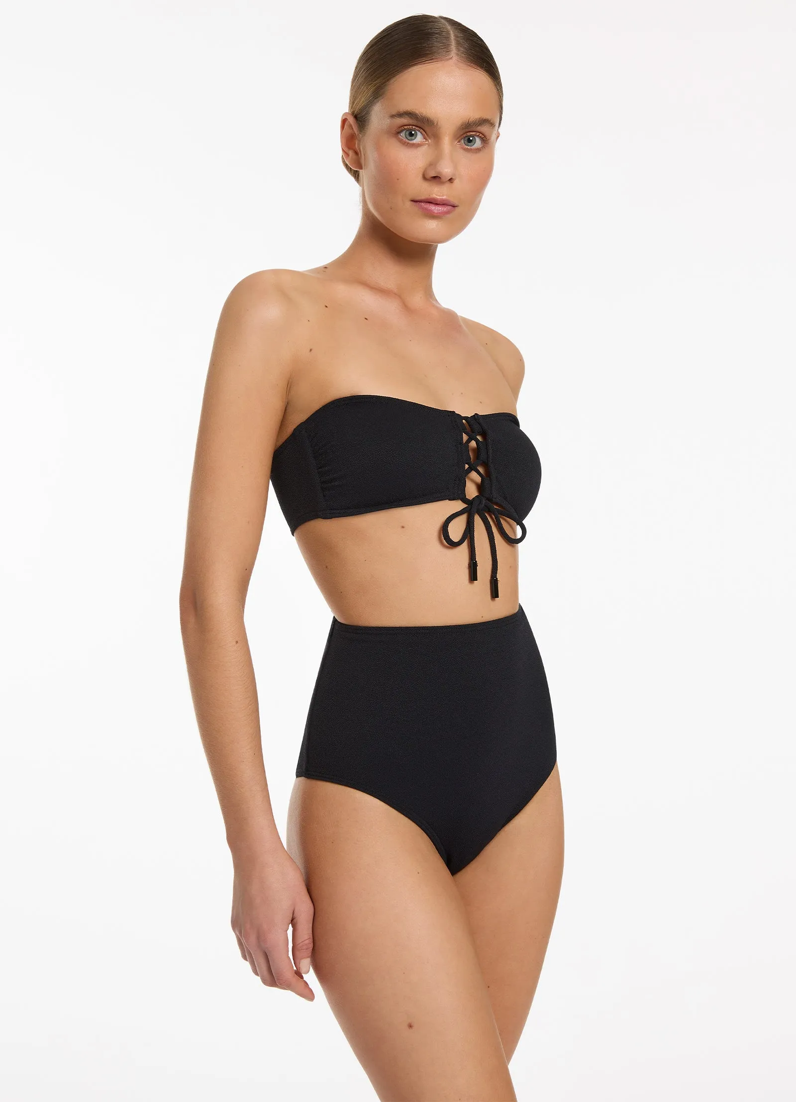 Black Bandeau Bikini Top with Tie Front