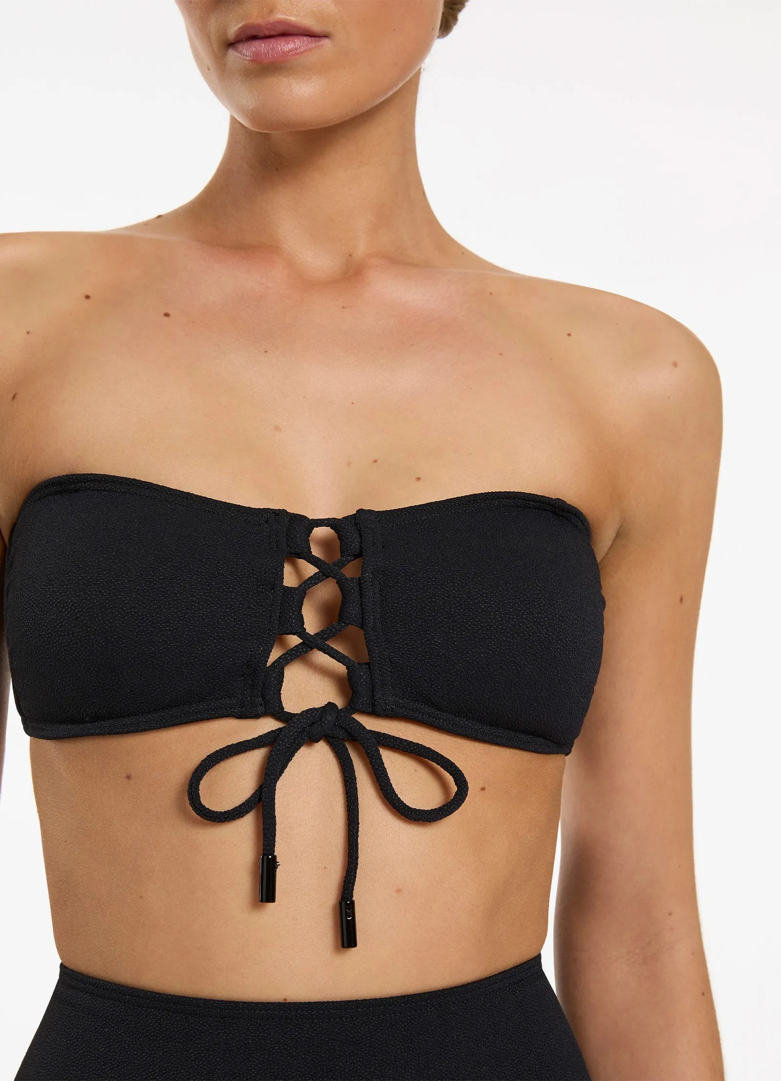 Black Bandeau Bikini Top with Tie Front