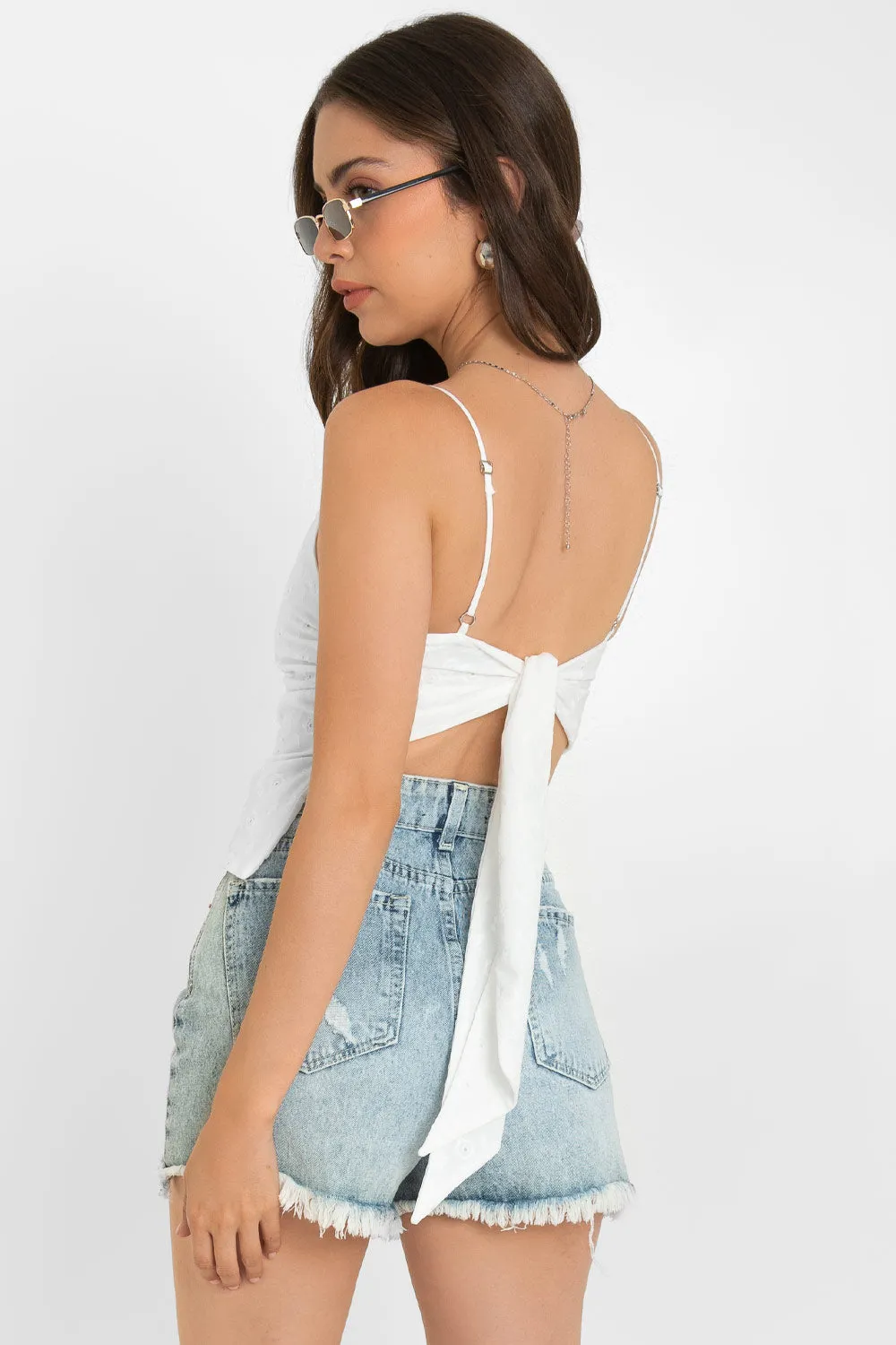 Straight Fit Eyelet Top with Back Knot