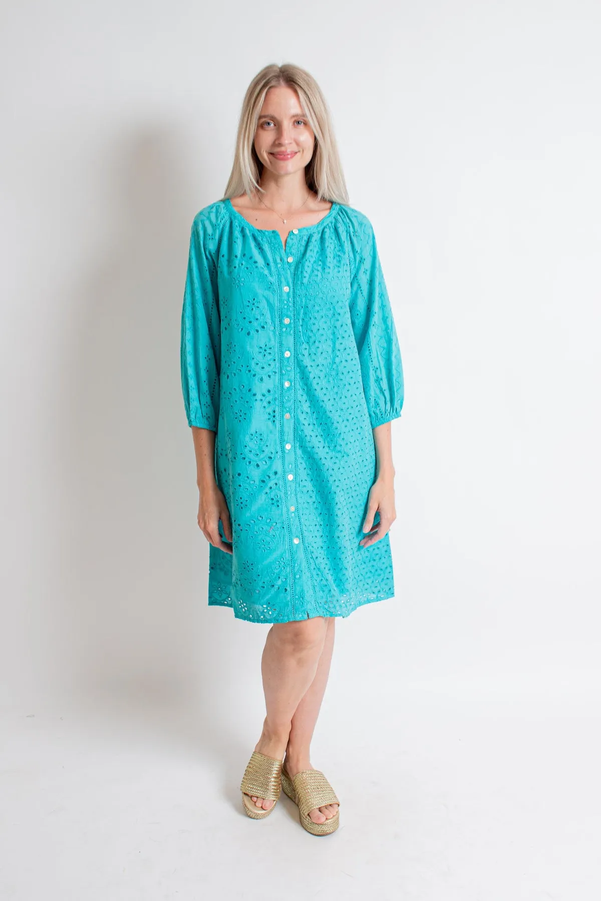 Turquoise Eyelet Mid-Length Dress