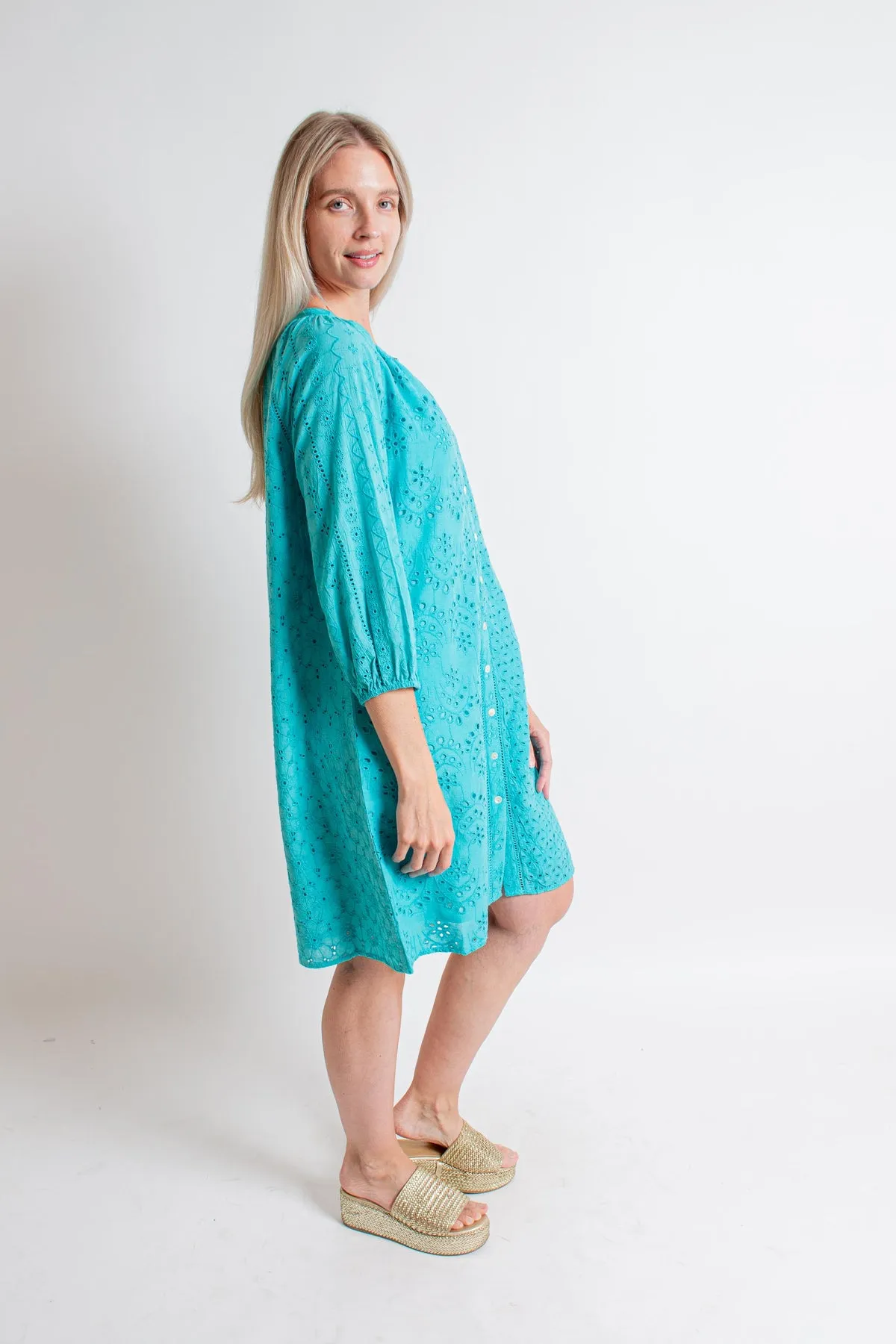 Turquoise Eyelet Mid-Length Dress