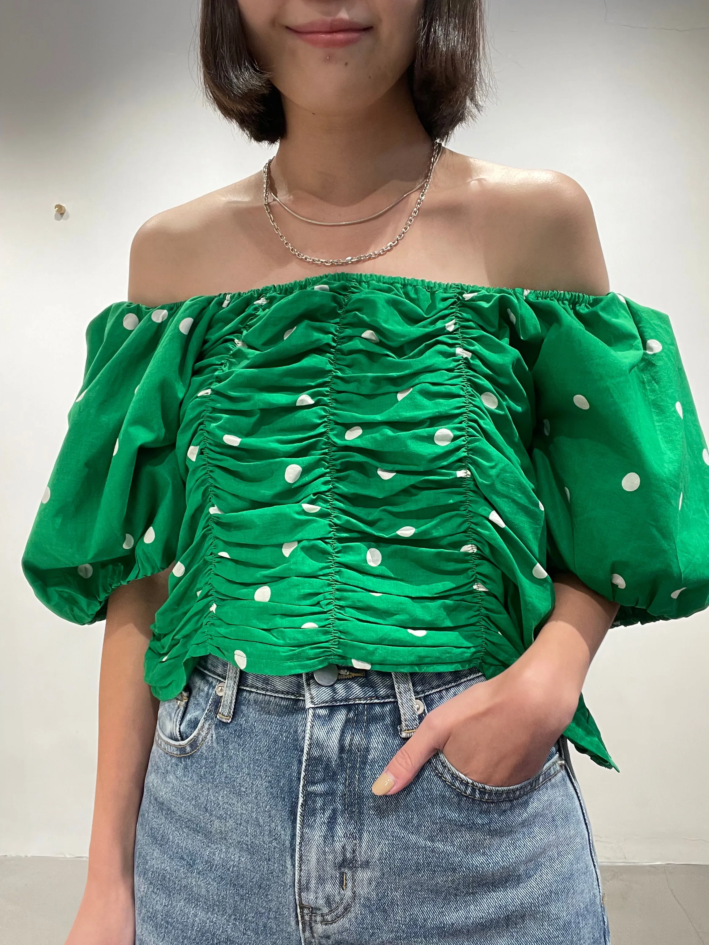 Versatile Dot Puff Sleeve Blouse Green