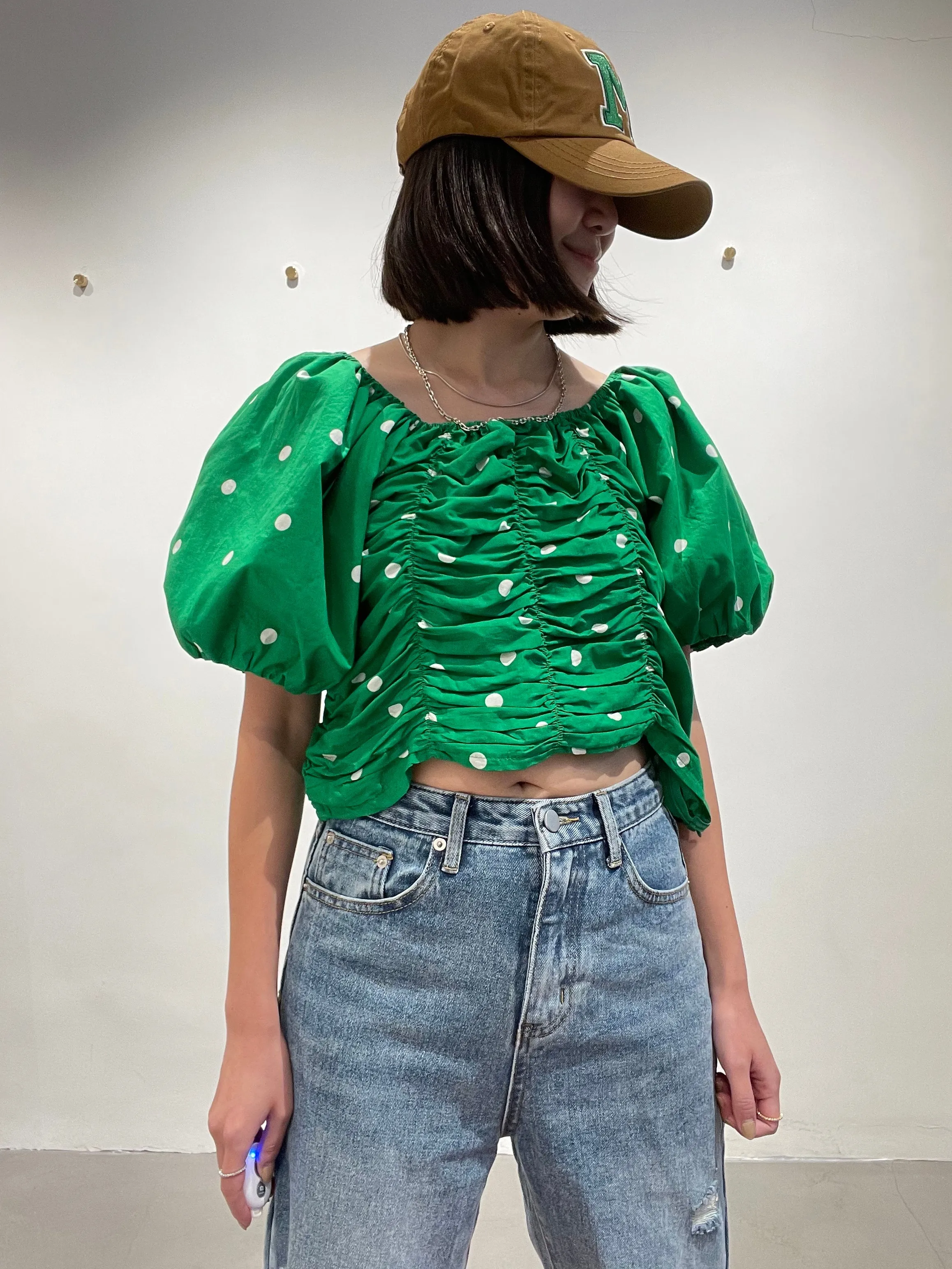 Versatile Dot Puff Sleeve Blouse Green