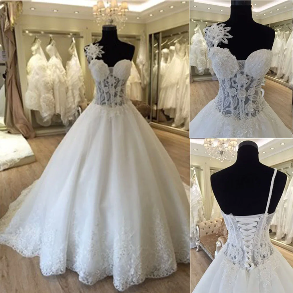 WD0172 Unique Design One Shoulder See Through A-line Lace Tulle Wedding Dresses