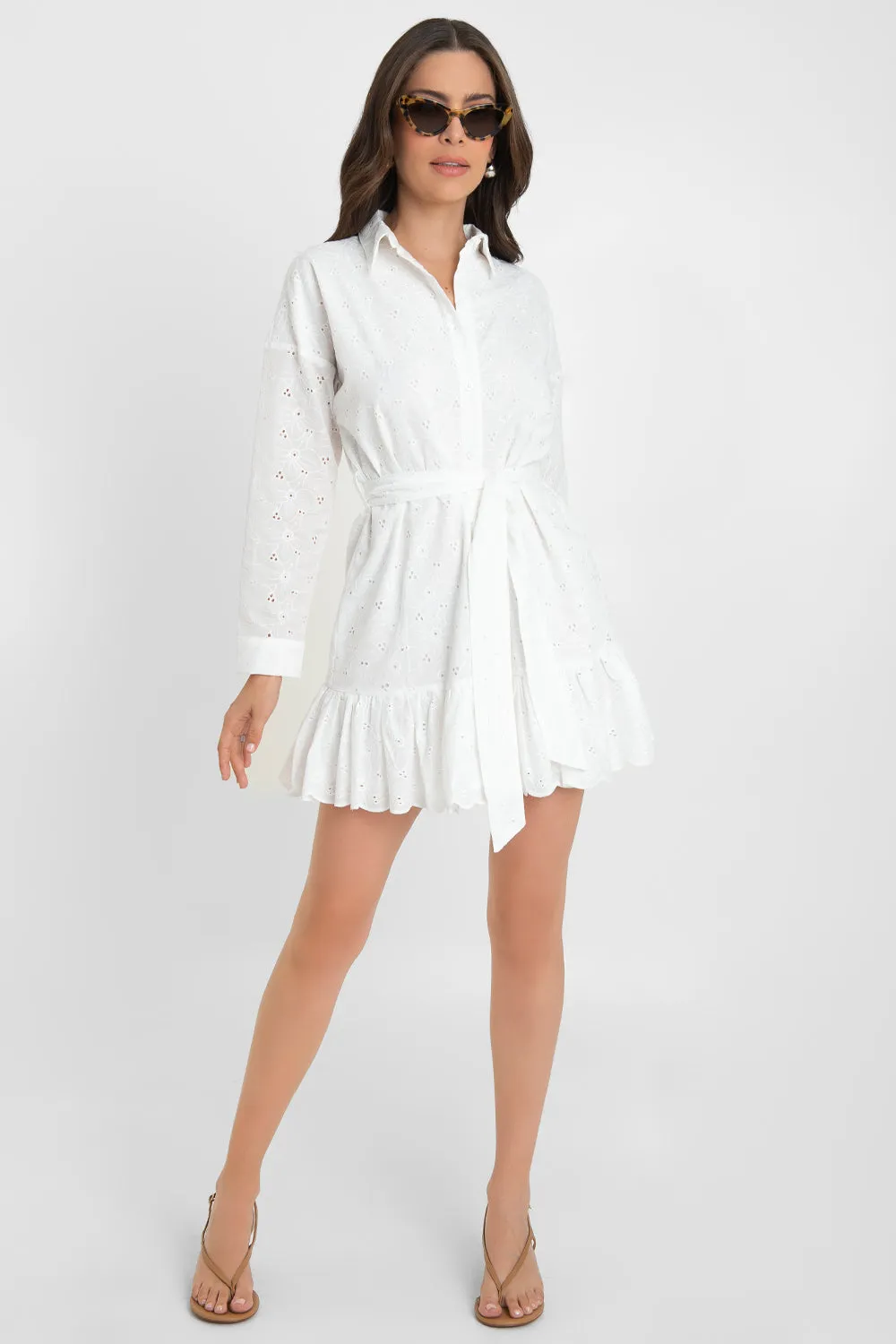 Eyelet Shirt Dress with Ruffle Belt