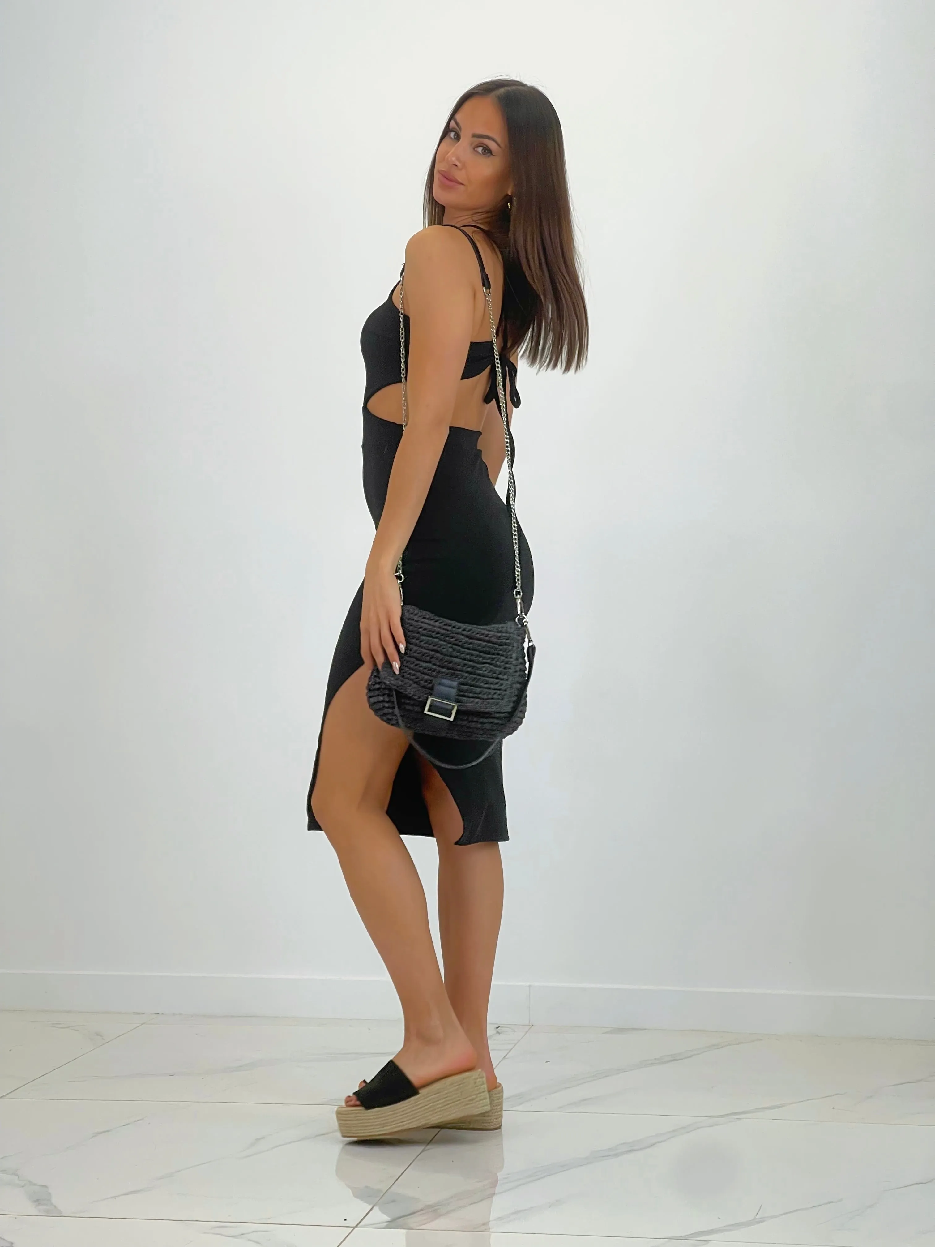 Vestido midi canalé halter lace up