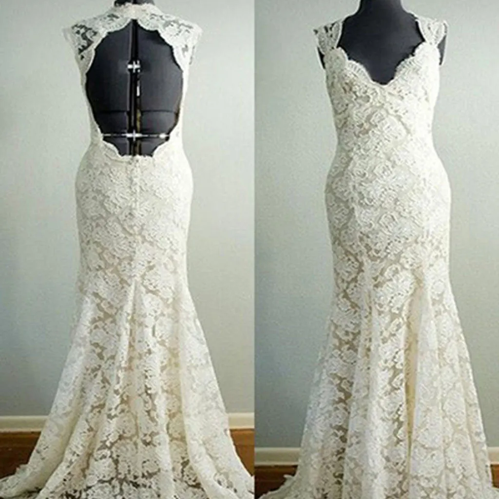 Vintage Beige Lace Open Back Wedding Dress - WD0042