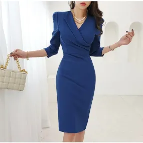 Casual Vintage Office Dress with V-Neck and Knee-Length Pencil Silhouette