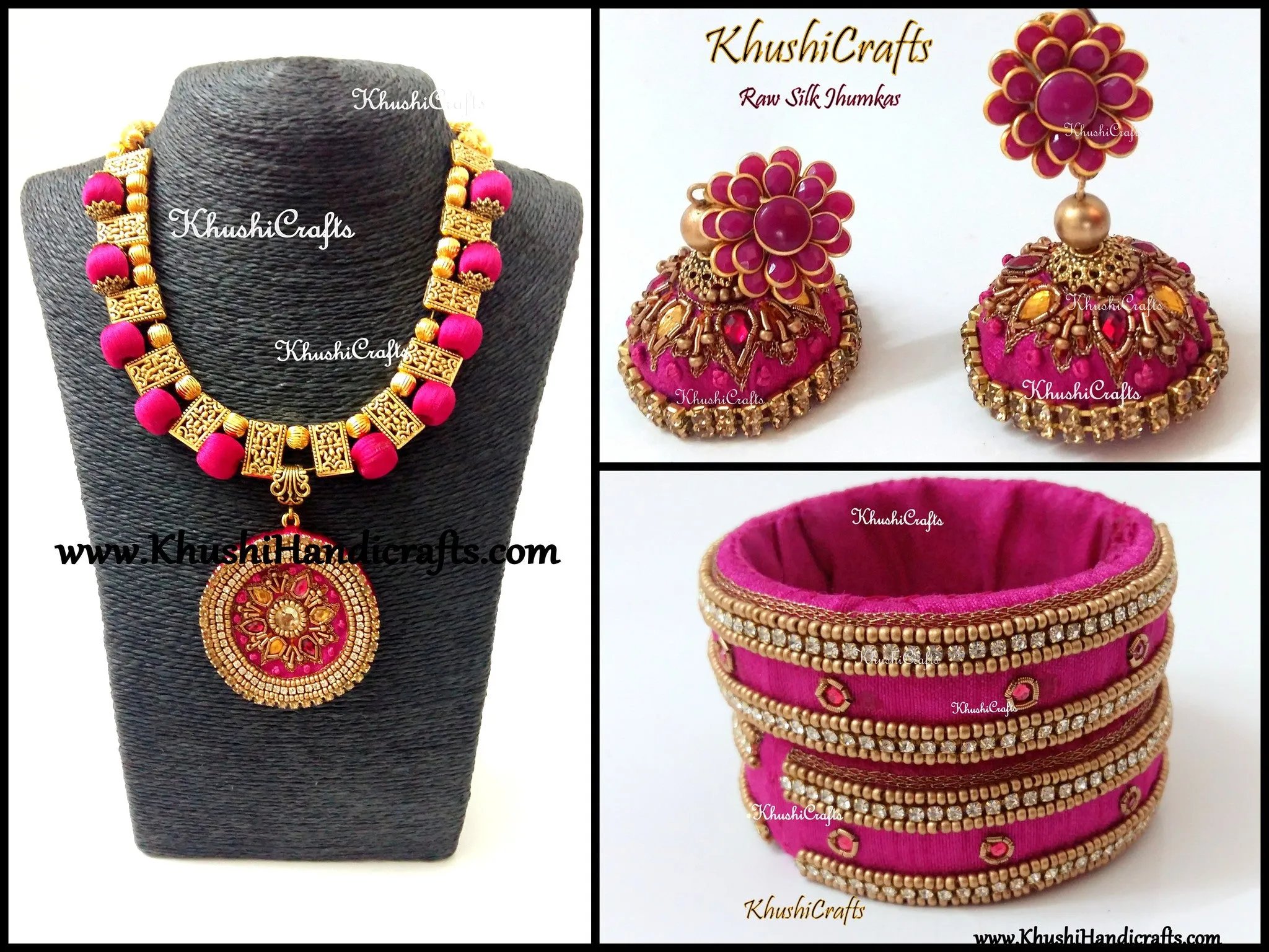 Pink Raw silk Necklace Set with Hand Embroidery