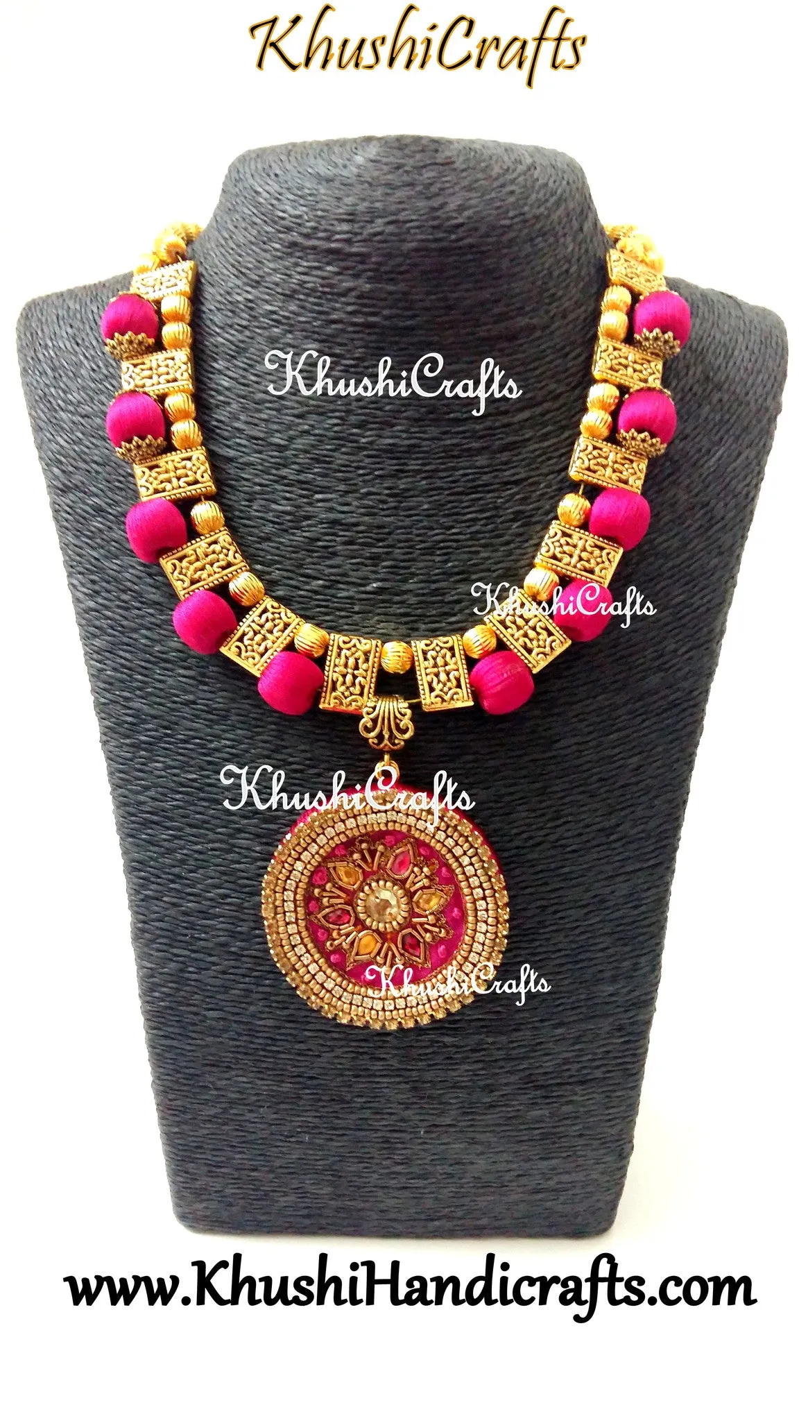 Pink Raw silk Necklace Set with Hand Embroidery