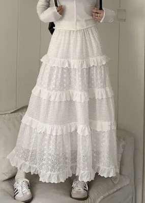 White Ruffled Hollow Cotton Skirt