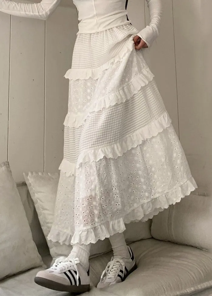 White Ruffled Hollow Cotton Skirt