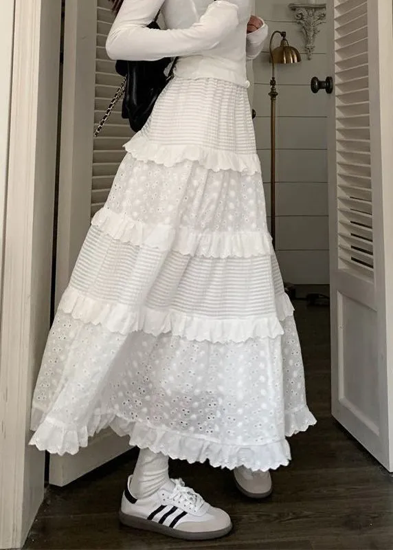 White Ruffled Hollow Cotton Skirt