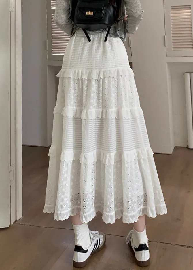 White Ruffled Hollow Cotton Skirt