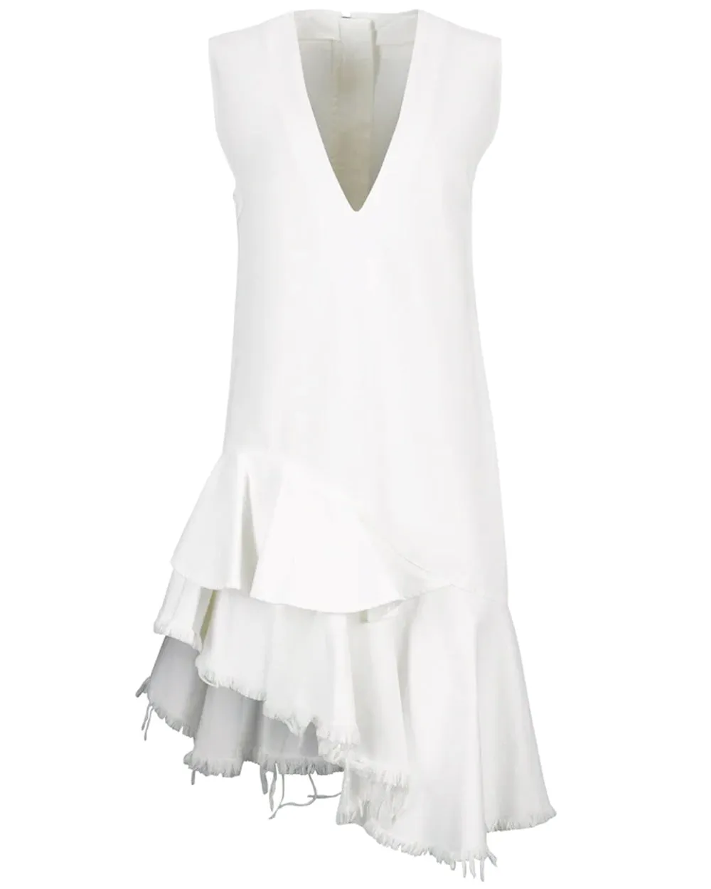 Frilled V-Neck White Dress