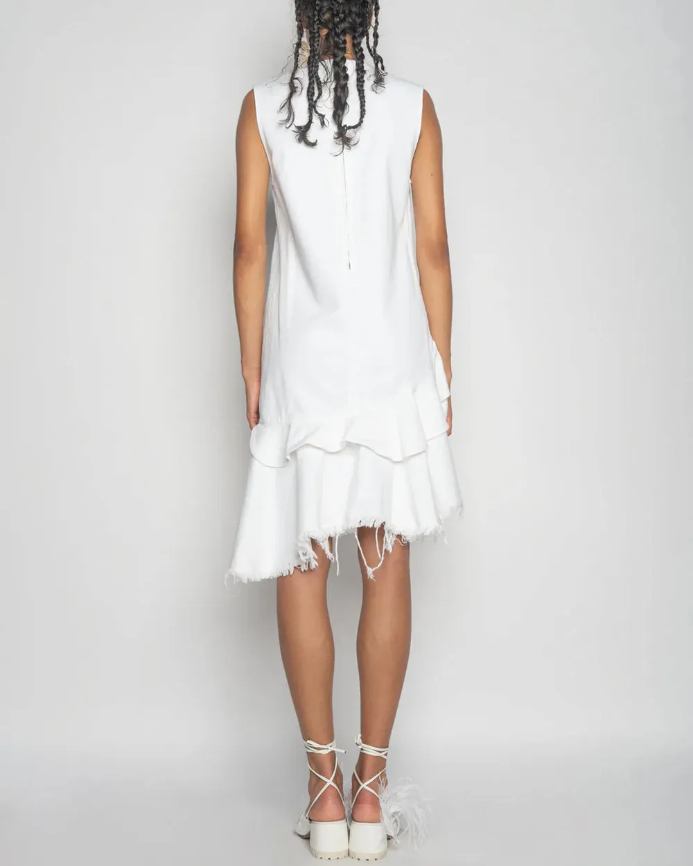 Frilled V-Neck White Dress