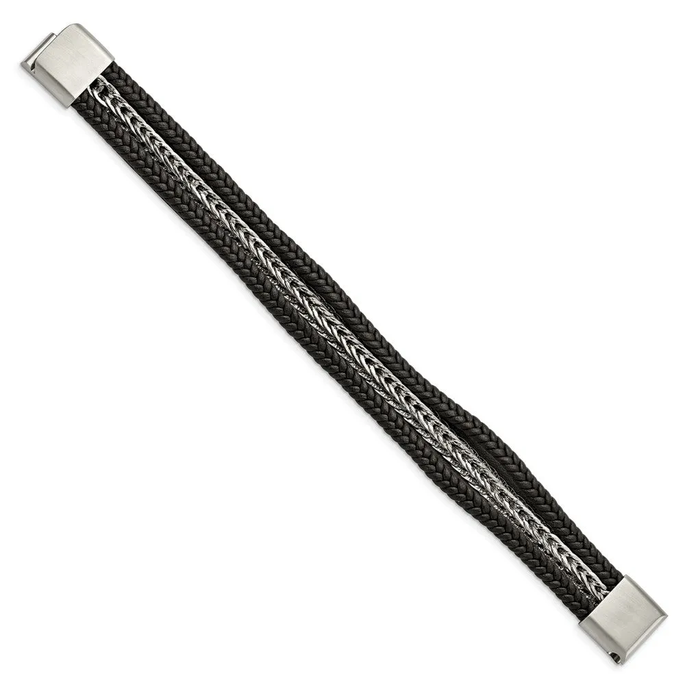 23mm Stainless Steel Black Leather Multi Strand Bracelet