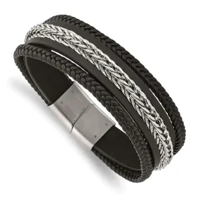 23mm Stainless Steel Black Leather Multi Strand Bracelet