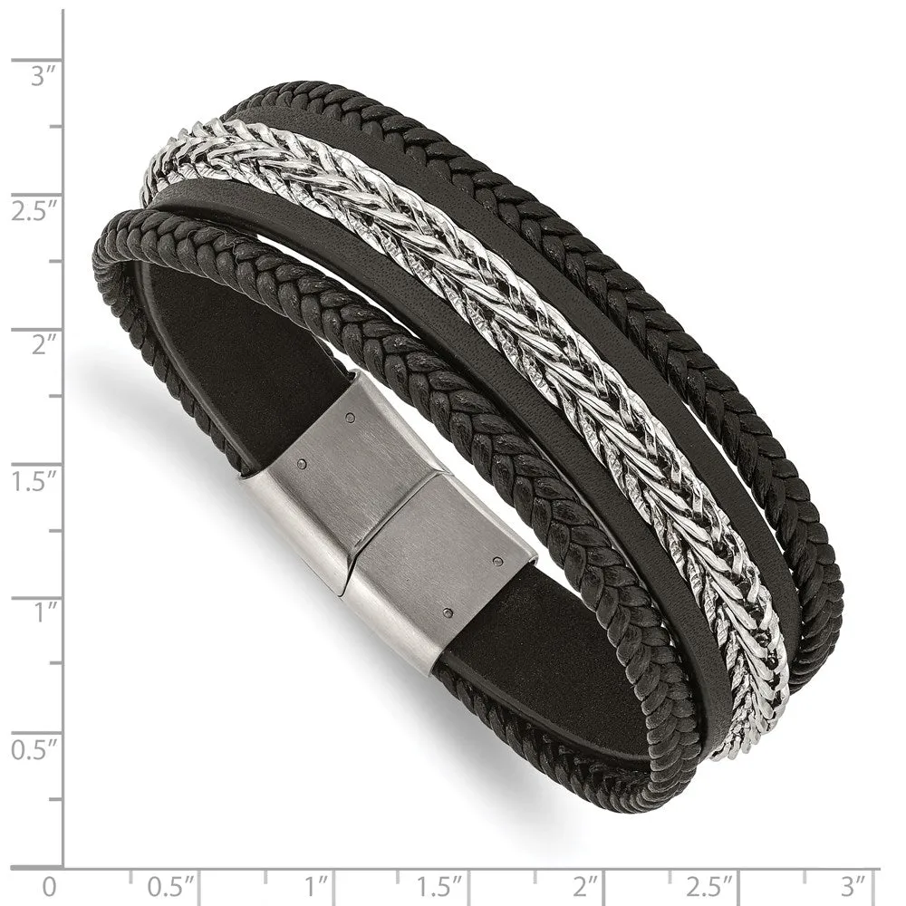 23mm Stainless Steel Black Leather Multi Strand Bracelet