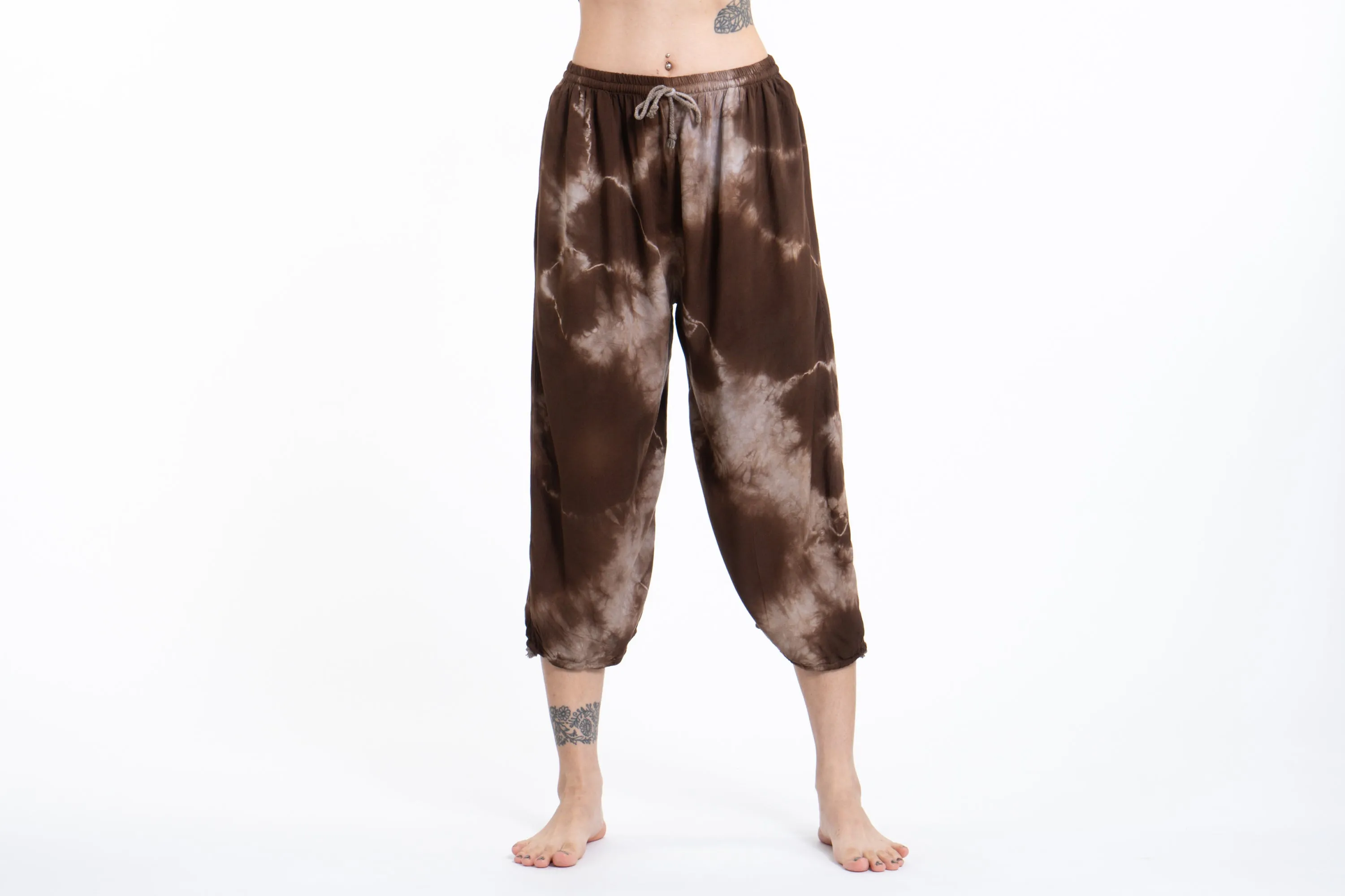 Women's brown tie dye drawstring yoga massage cropped pants