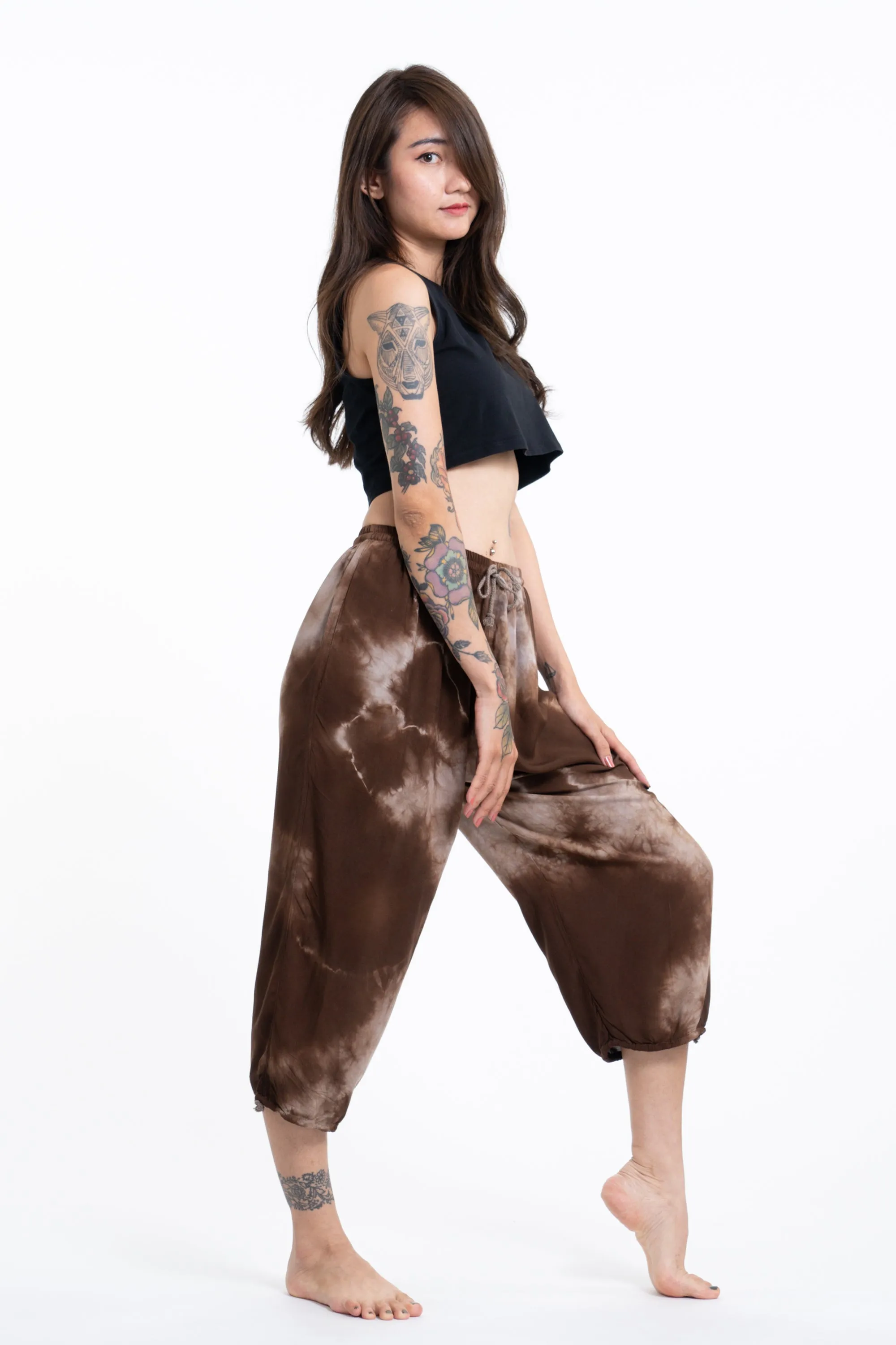 Women's brown tie dye drawstring yoga massage cropped pants