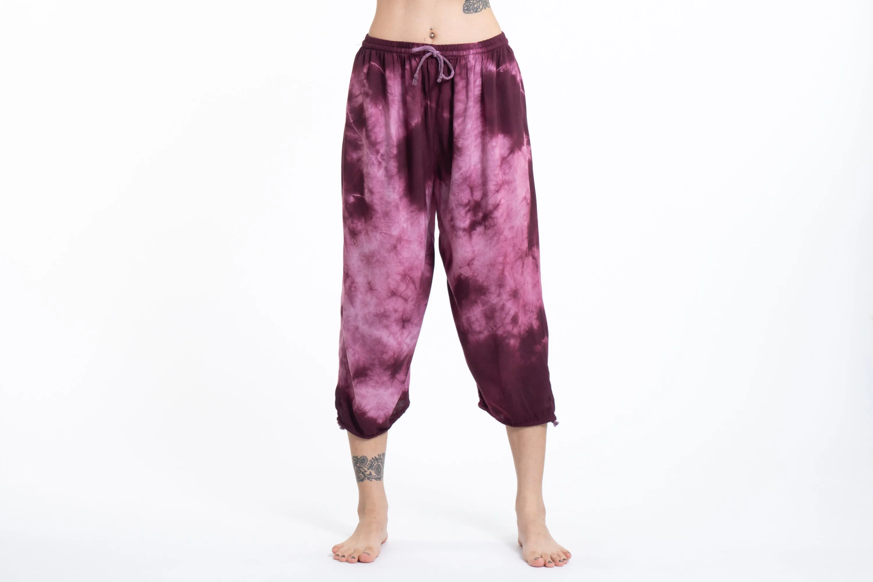 Women's dark purple tie dye drawstring yoga massage cropped pants