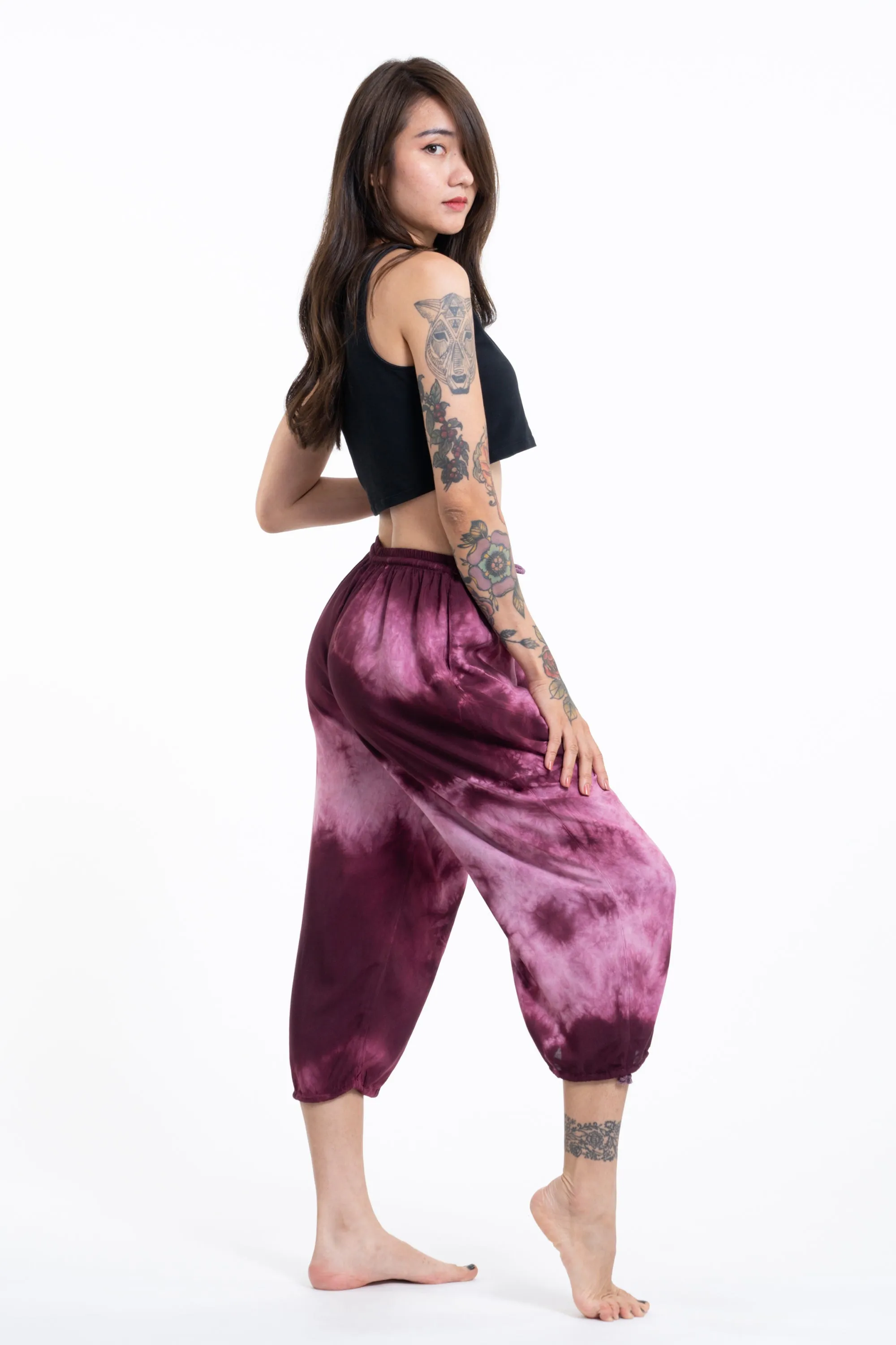 Women's dark purple tie dye drawstring yoga massage cropped pants