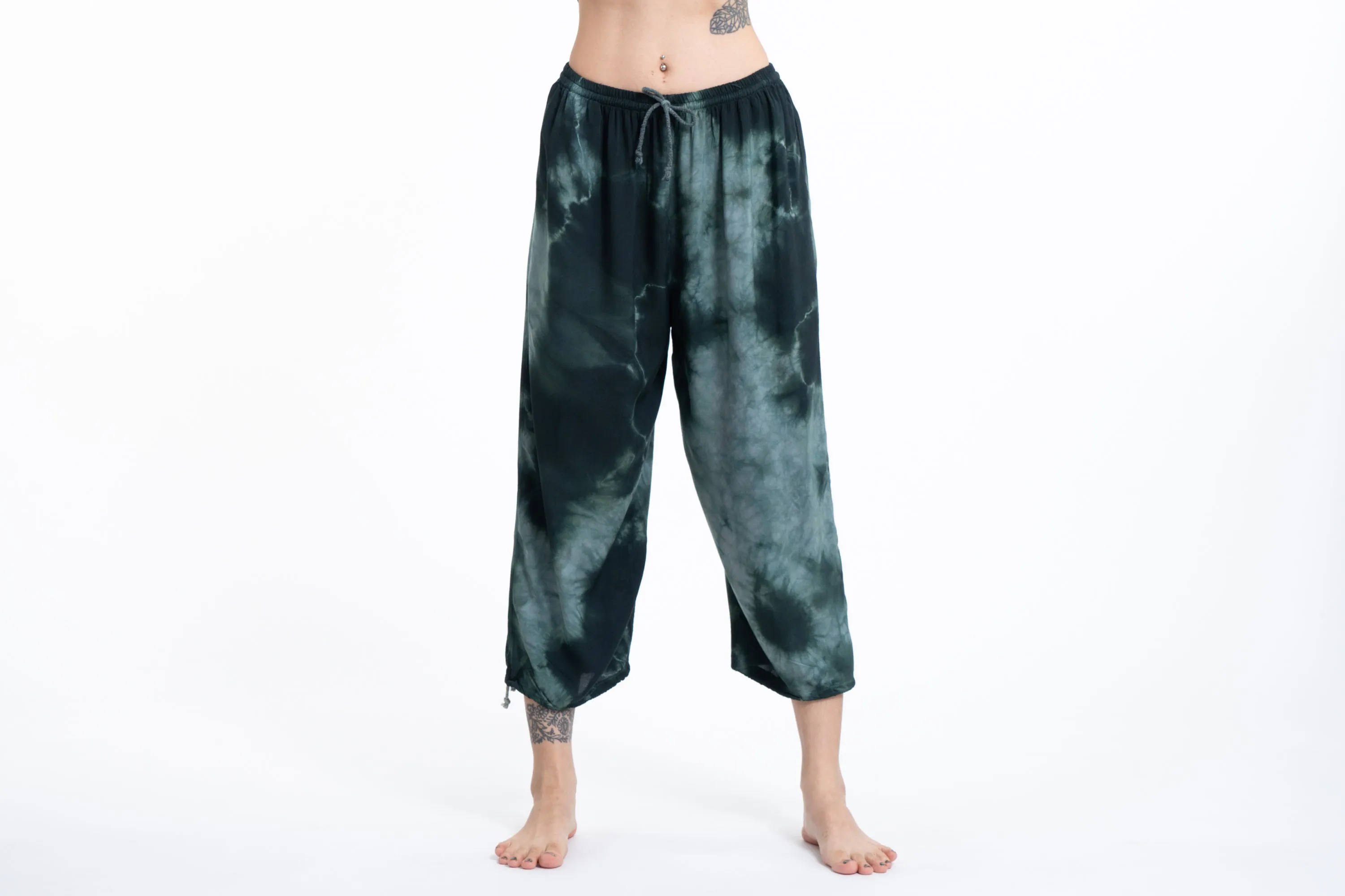 Women's dark teal tie dye drawstring yoga massage cropped pants