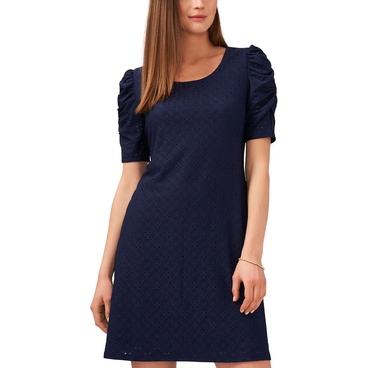 Womens Eyelet Sheath Dress with Ruched Sleeves