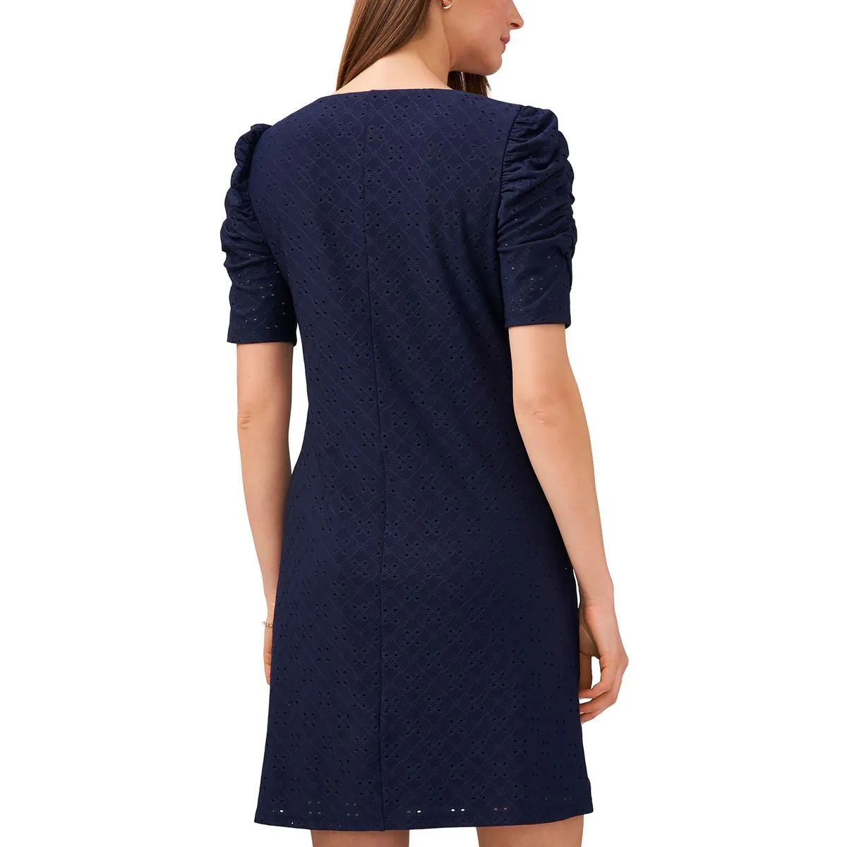 Womens Eyelet Sheath Dress with Ruched Sleeves