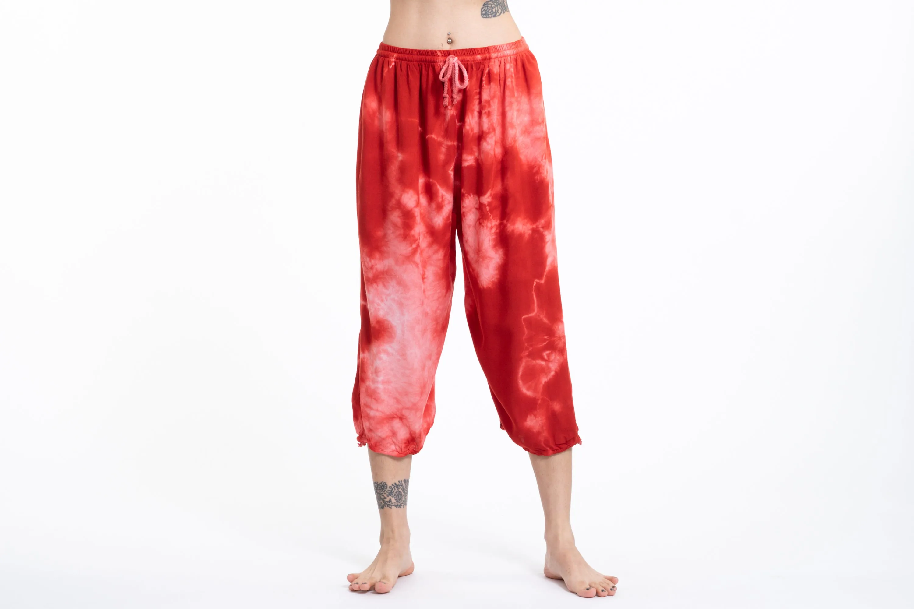 Women's red tie dye drawstring yoga massage cropped pants