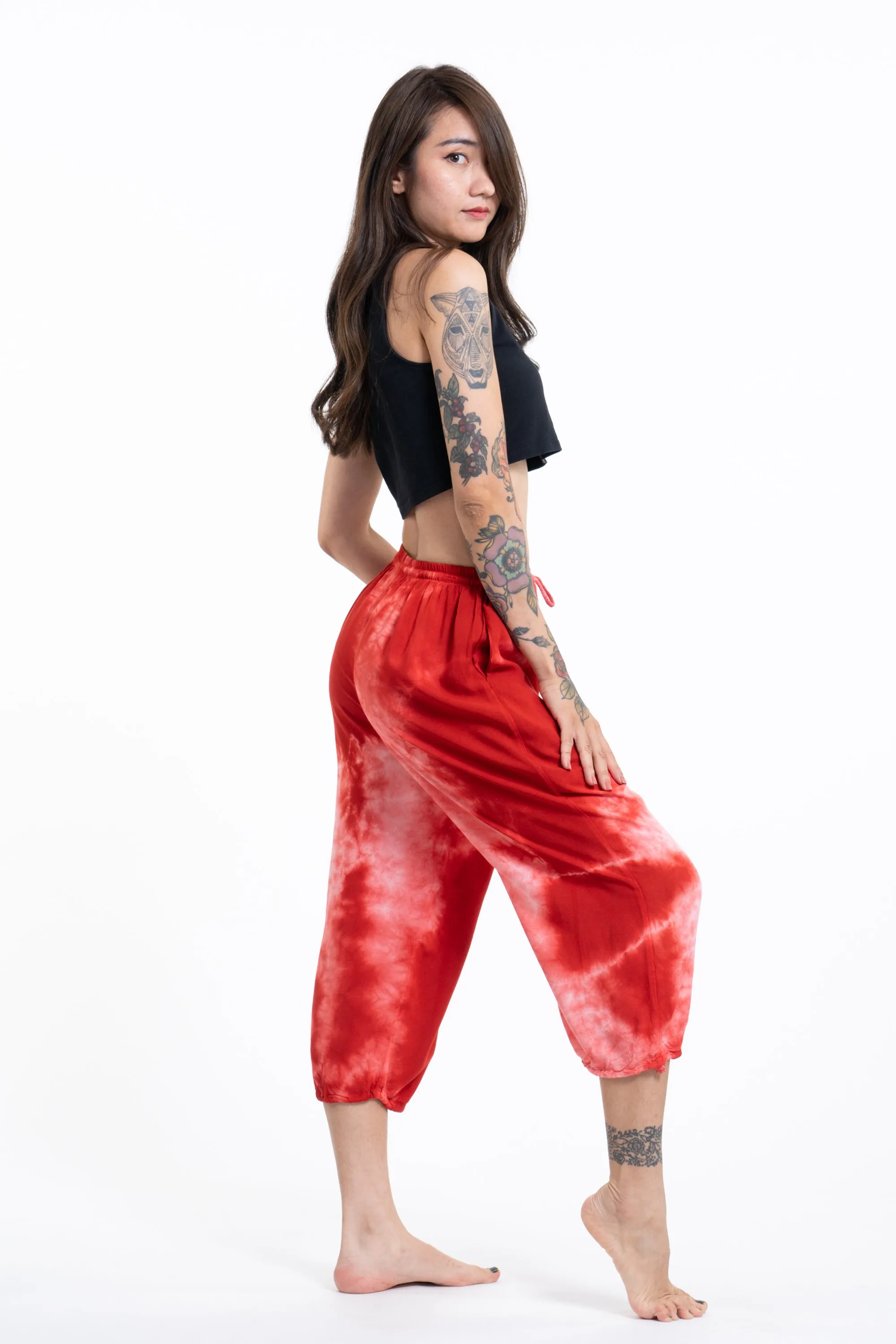 Women's red tie dye drawstring yoga massage cropped pants