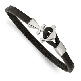 Stainless Steel Black Leather Anchor Toggle Bracelet